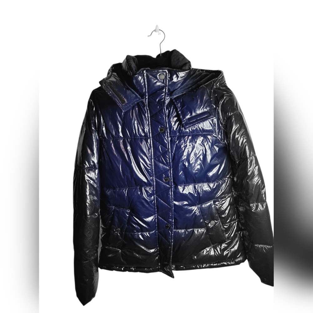 Hollister Wet Look Puffer Jacket Coat Dark Blue Hooded Quilted Womens Size Small